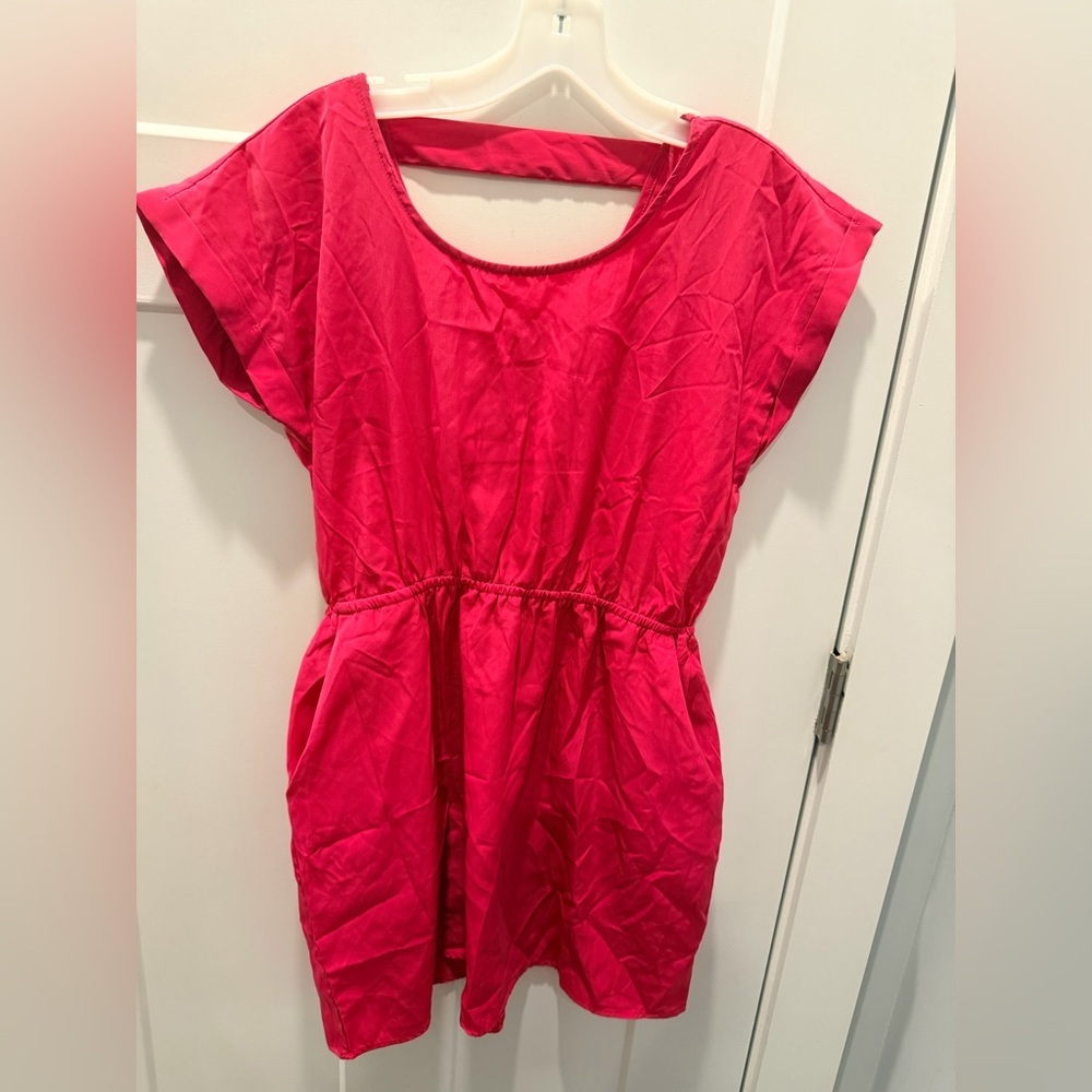 Pink Rose Hot Pink Mini Dress Elastic Waist Cap Sleeve Open Back Y2K Size L